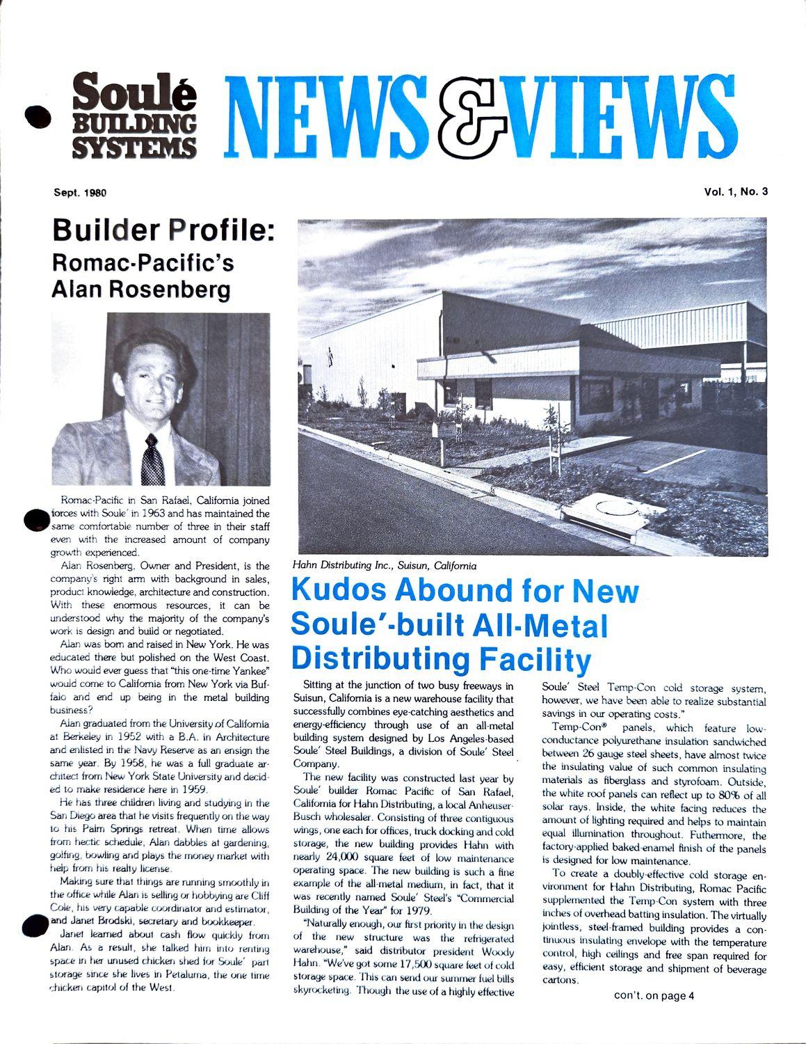 Newsletter cover with masthead, builder profile photo, and large photo of a metal building.