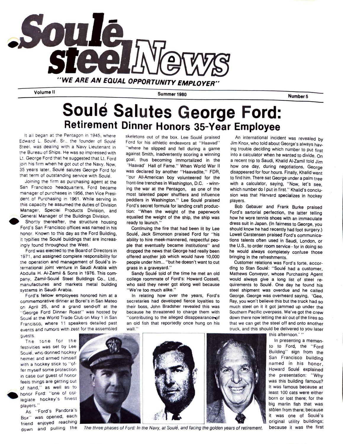 Soulé Steel News cover with retirement dinner headline and three photos of a man.