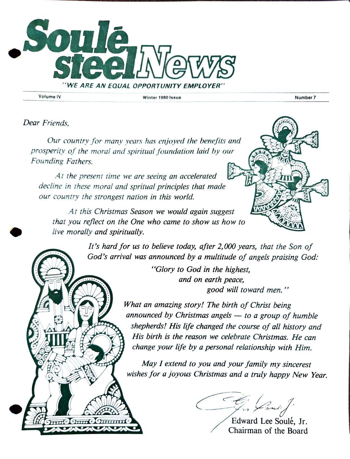 Newsletter cover with a Christmas letter and illustrations of the Holy Family and angels.