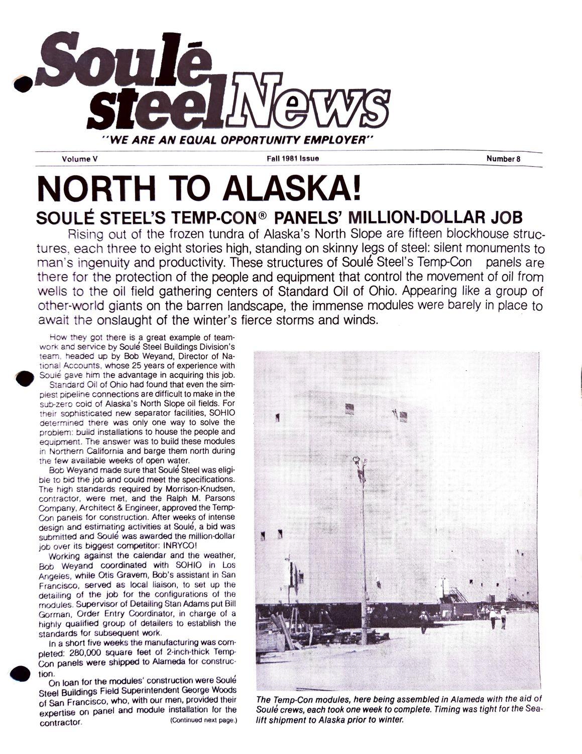Newsletter cover with headline North to Alaska and a photo of steel modules under assembly.