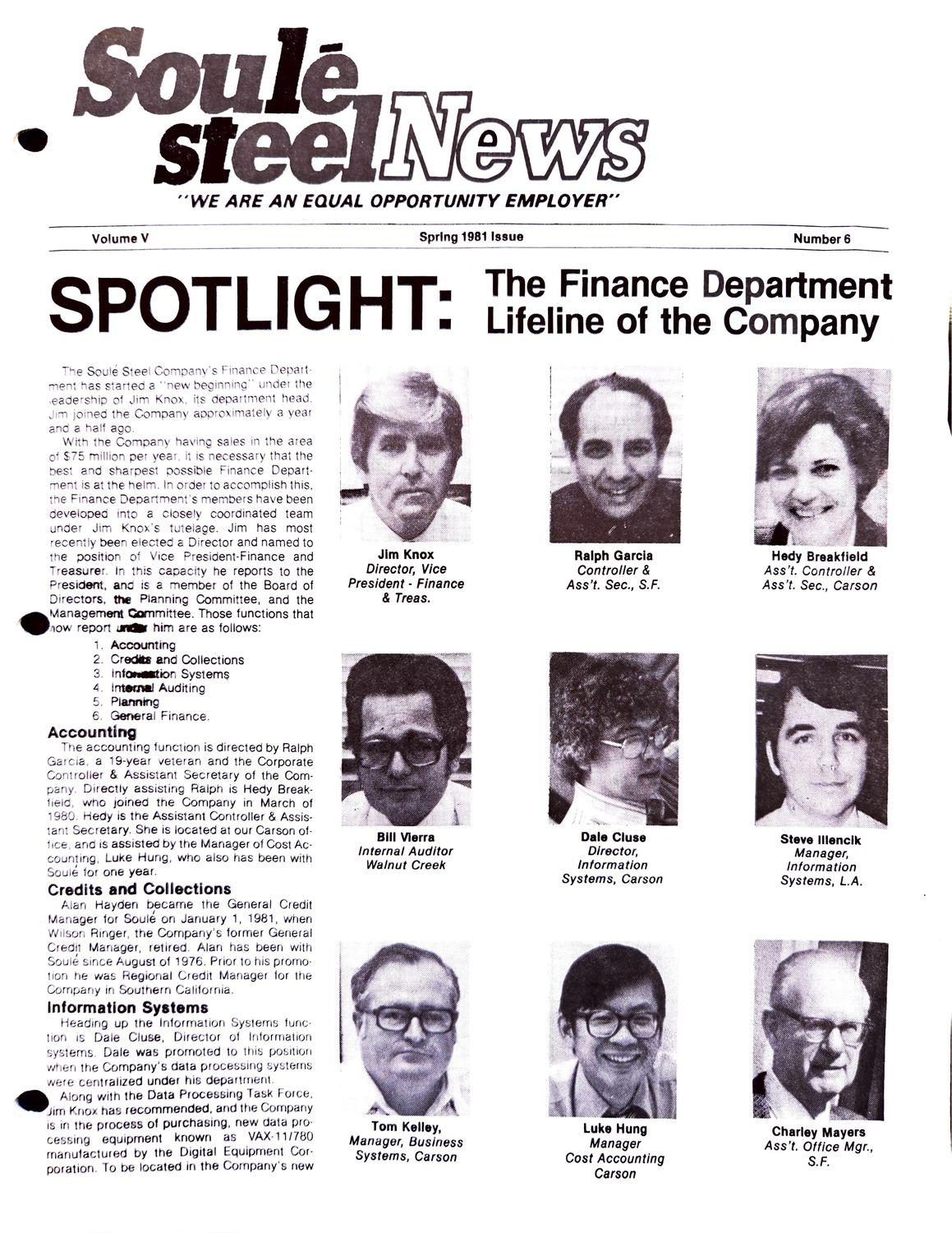 Newsletter cover with headline Spotlight: The Finance Department and nine employee headshots.