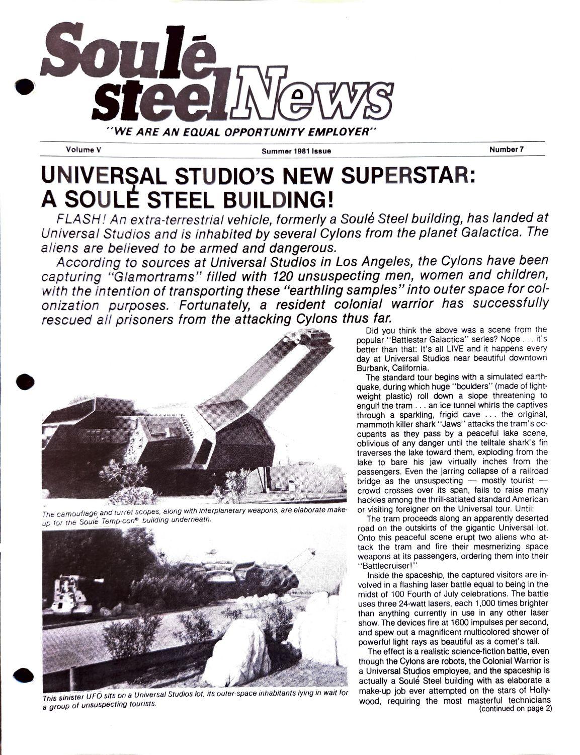 Black-and-white photo of a futuristic spaceship-like building on a studio lot with an inset photo.