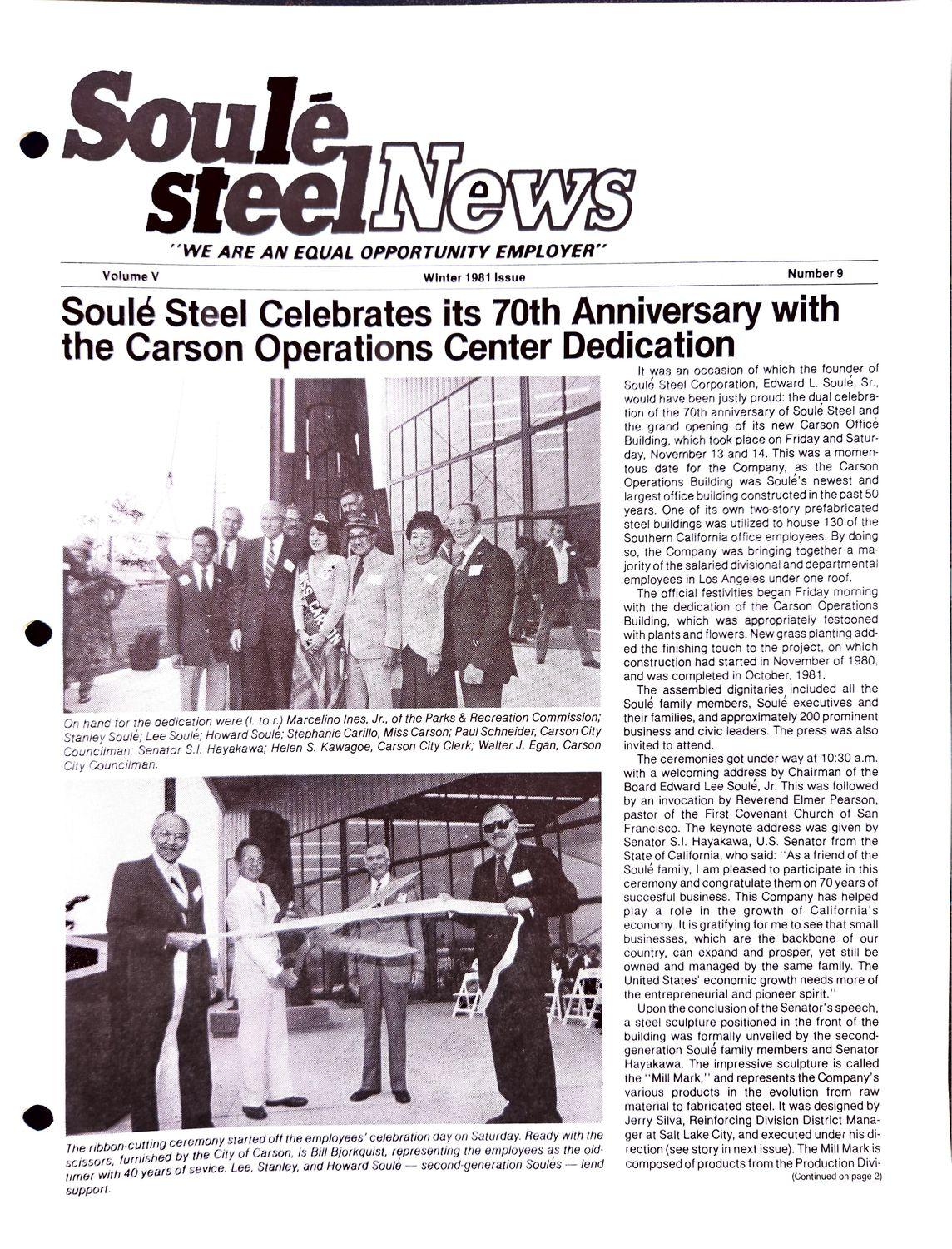 Newsletter cover with anniversary headline and two black-and-white photos of a group and a ribbon-cutting.