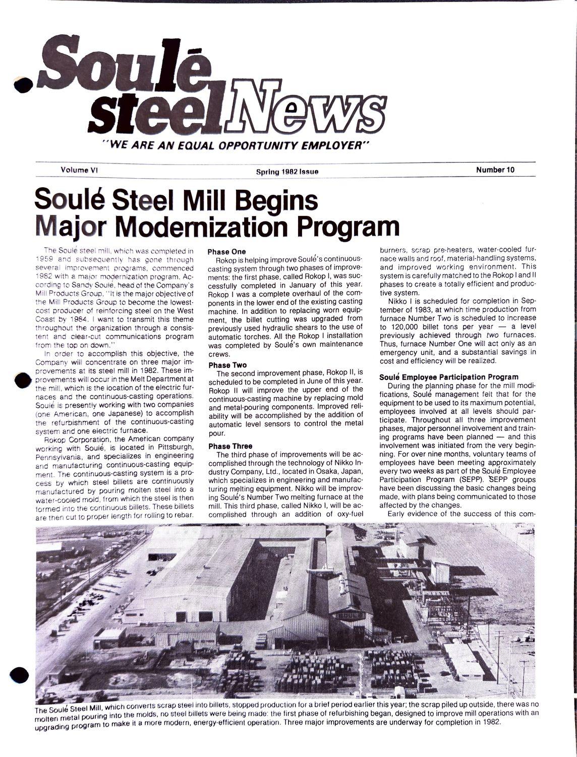 Newsletter cover with a large headline and a photo of a steel mill interior.