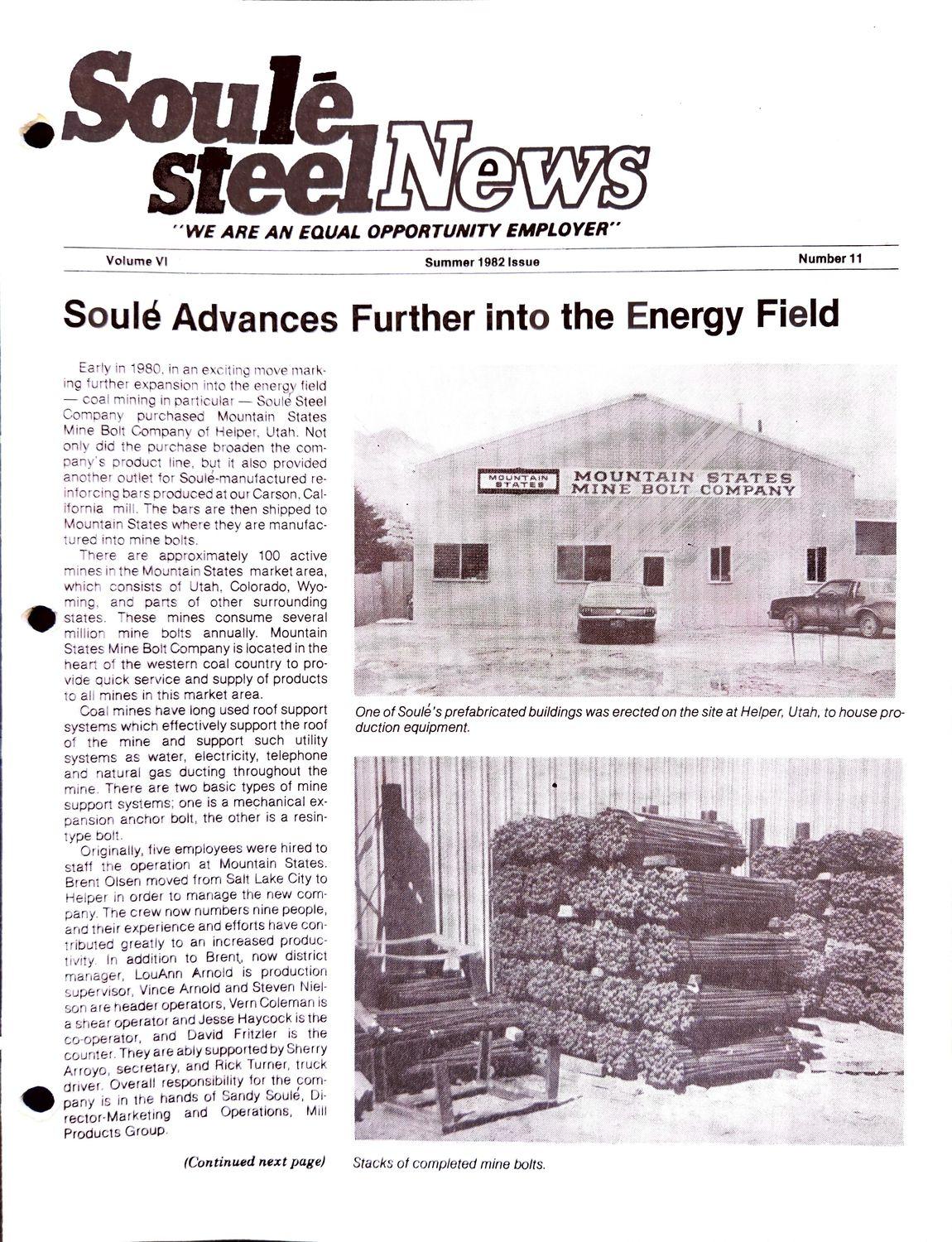 Newsletter cover with headline and photos of a mine bolt building and stacked bolts.