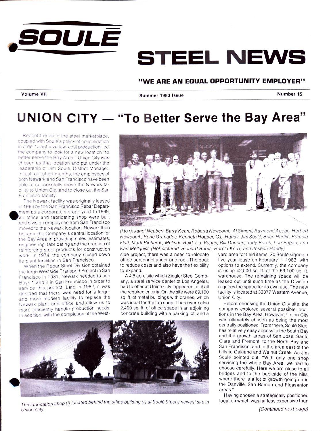 Group of employees in front of a building and a steel fabrication shop.