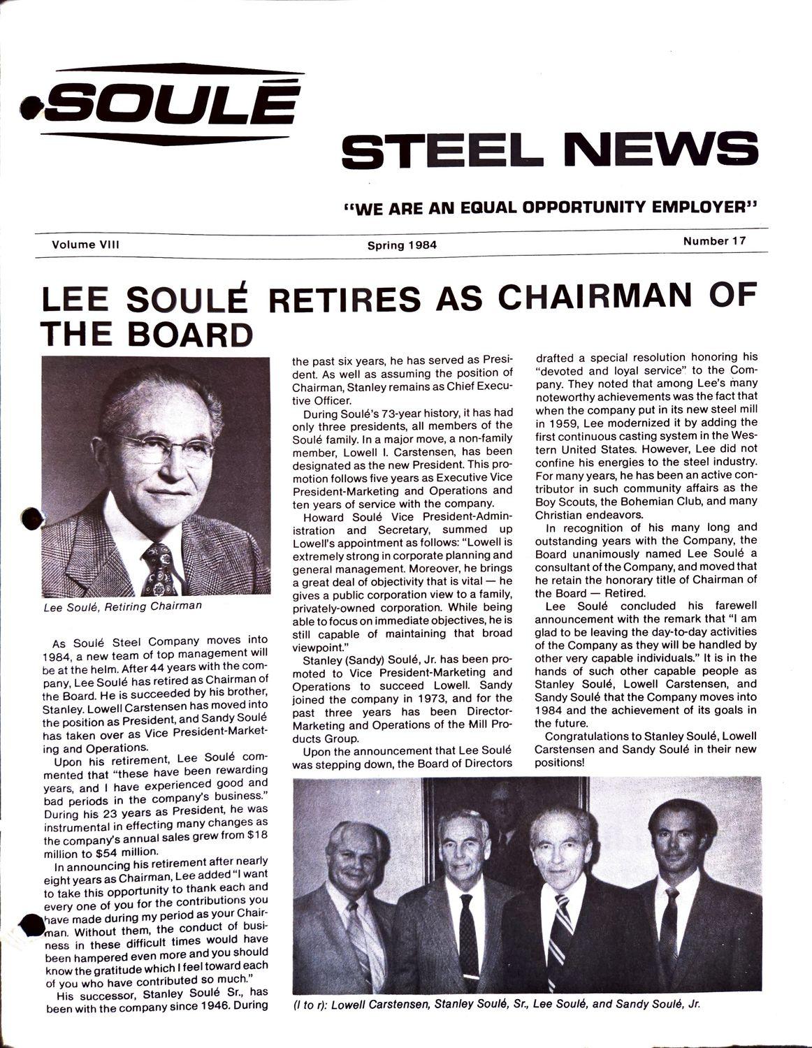 Newsletter cover with headline about Lee Soulé retiring as chairman, plus two black-and-white photos.