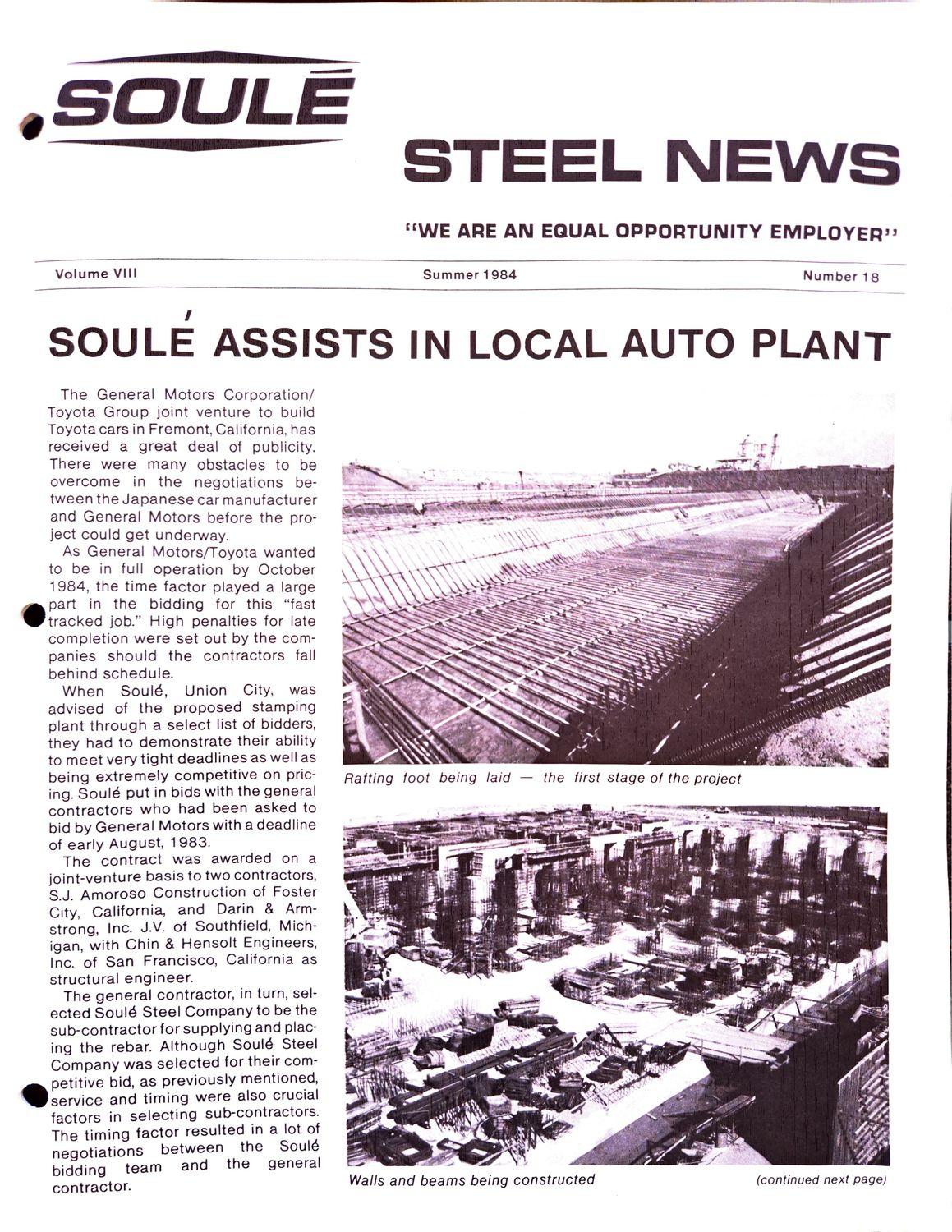 Newsletter cover with headline and two photos of a steel building under construction.