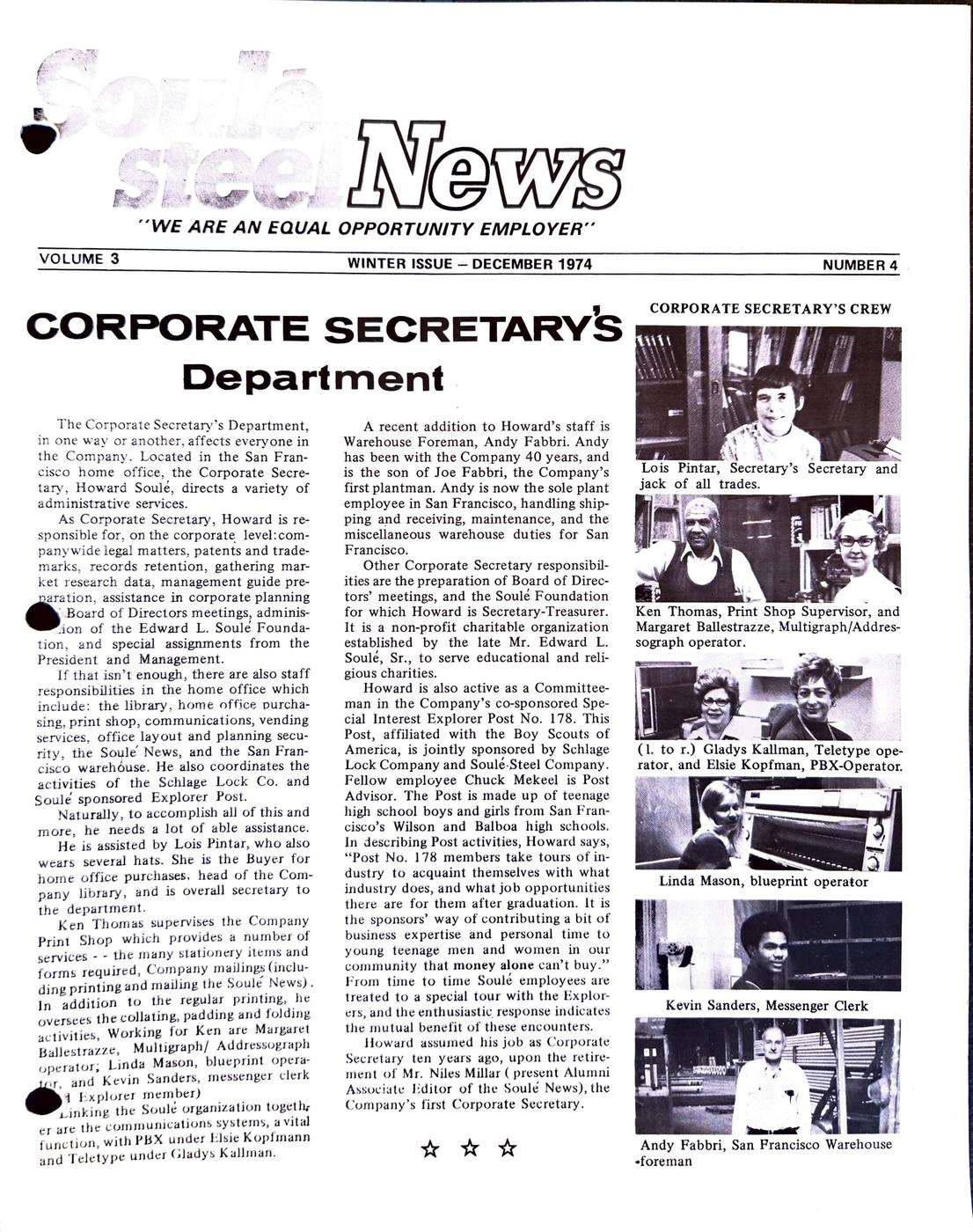 Winter 1974 newsletter, page 1